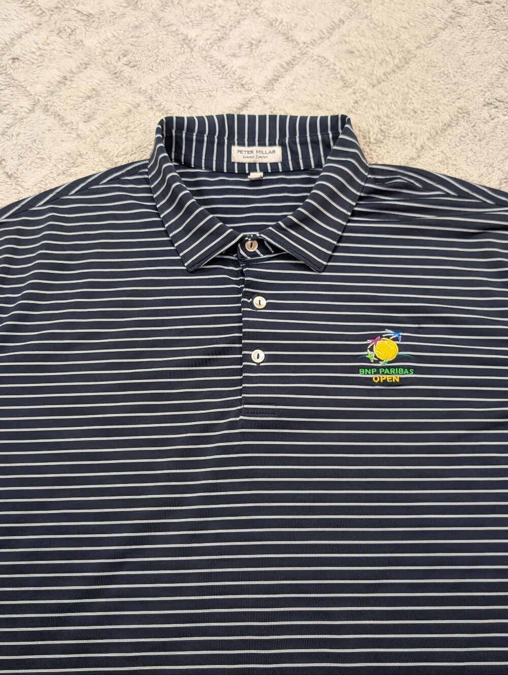 Peter Millar Shirt Mens XXL Blue Navy Stripe Sport Performance Jersey Polo Logo - Picture 2 of 8